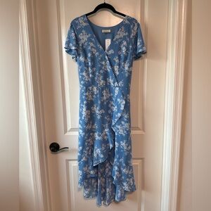The General Good blue Irina Faux Wrap Hi Lo dress.  Size large petite.